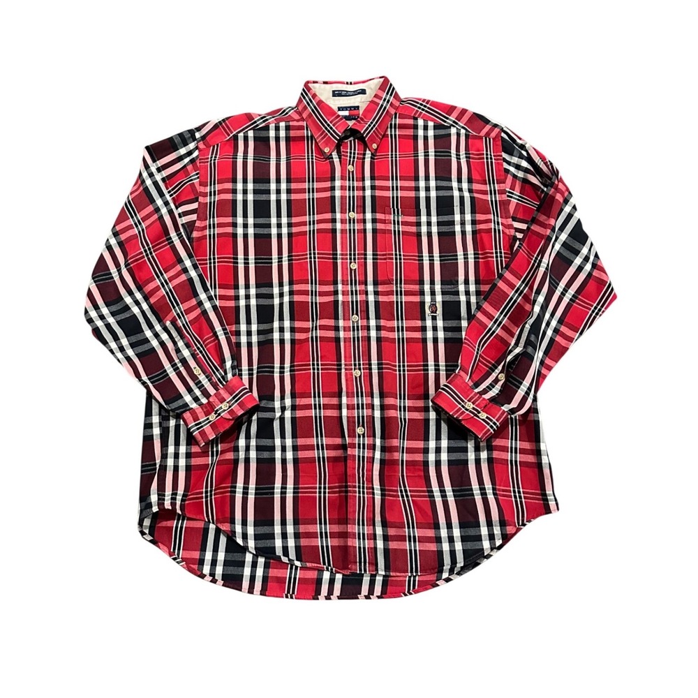 VTG Tommy Hilfiger Mens Red Plaid Button Down Shirt Large Crest 90's Vintage